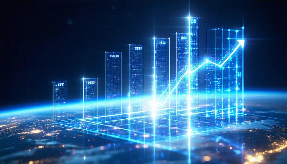 A holographic display showing space economy growth projections