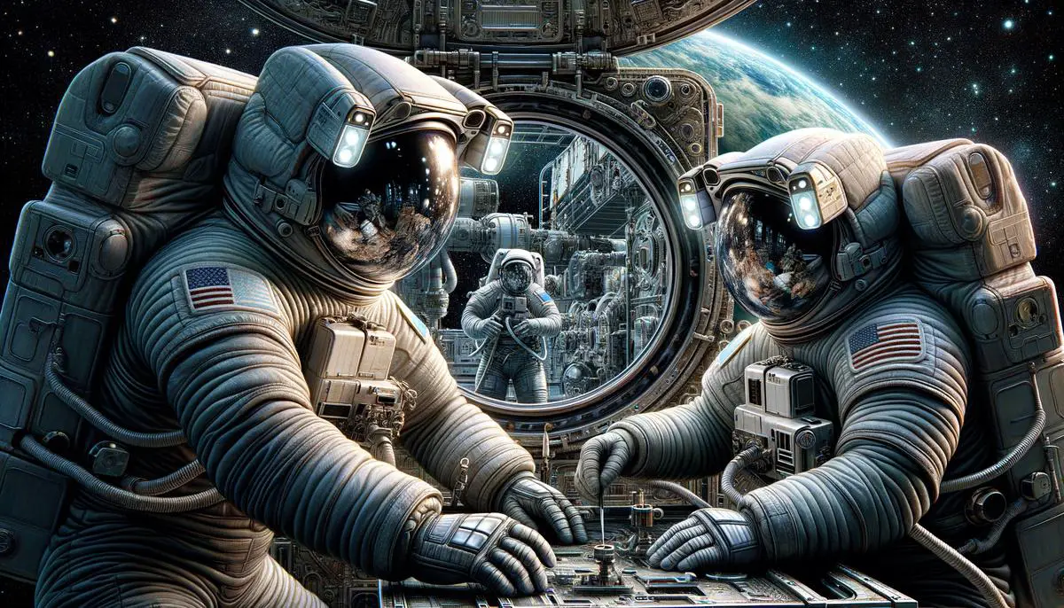 Image of astronauts in space, visually demonstrating the text about space exploration for someone who is visually impaired