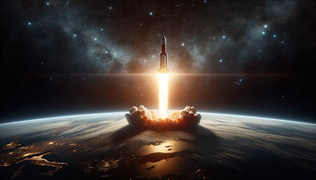 An artistic representation of a rocket launching into space with stars in the background