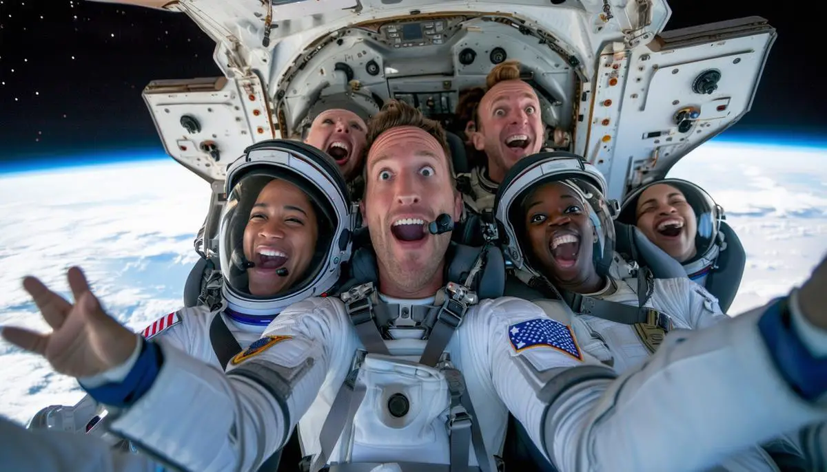 Diverse group of space tourists experiencing weightlessness inside the SpaceX Crew Dragon capsule