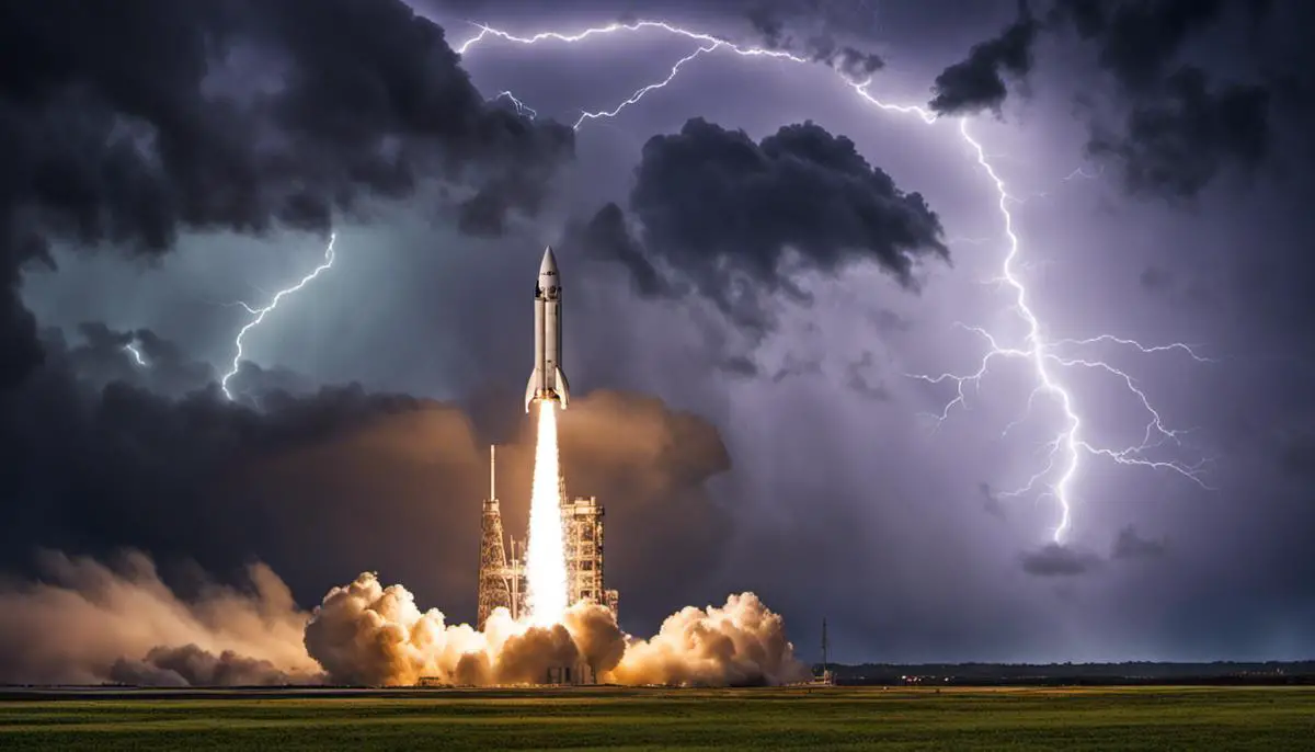 Image depicting the challenges of space travel, showcasing a rocket being launched against a backdrop of stormy skies and lightning strikes