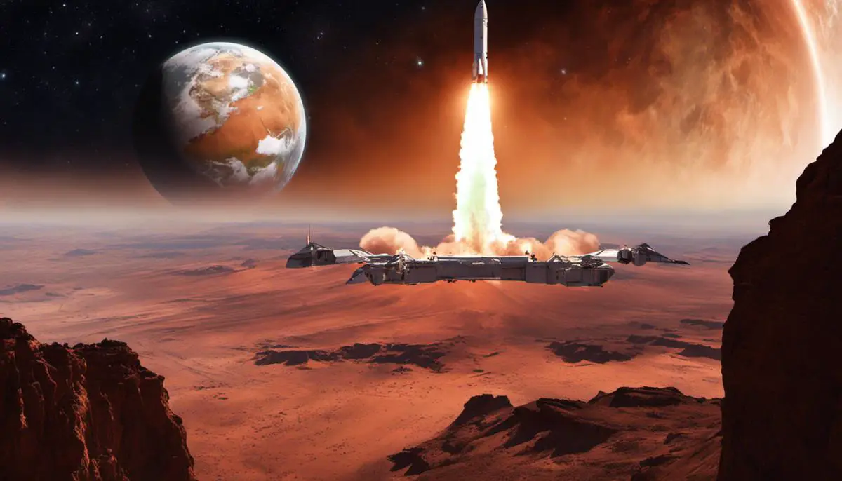 An image depicting space travel basics, showing a rocket launching towards Mars with Earth and Mars in the background.