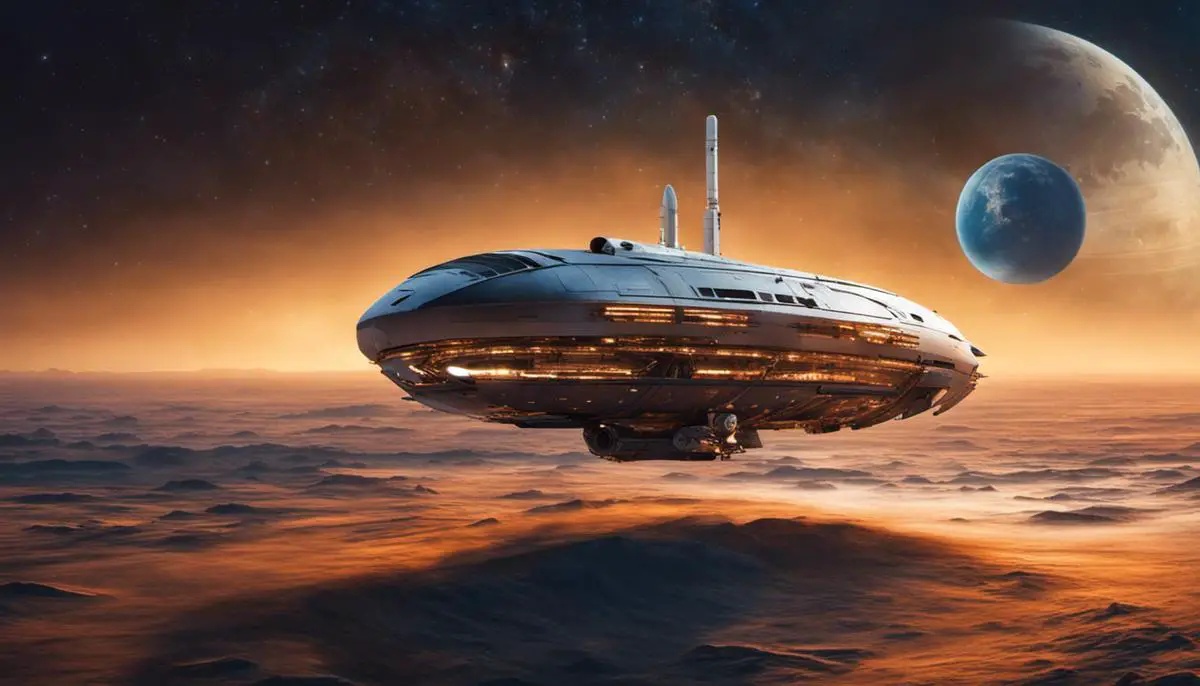 An image of a spaceship during dusk, symbolizing the future of space exploration and colonization.