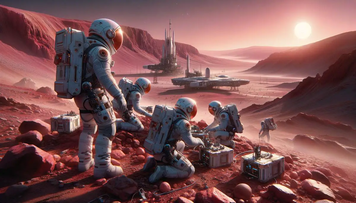 Astronauts in SpaceX spacesuits exploring the rugged Martian landscape, representing the bold future of space travel that Elon Musk envisions and is working towards.