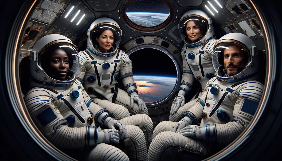 SpaceX astronauts floating in the Crew Dragon capsule, orbiting Earth and experiencing the wonders of space travel on missions enabled by Elon Musk's vision.