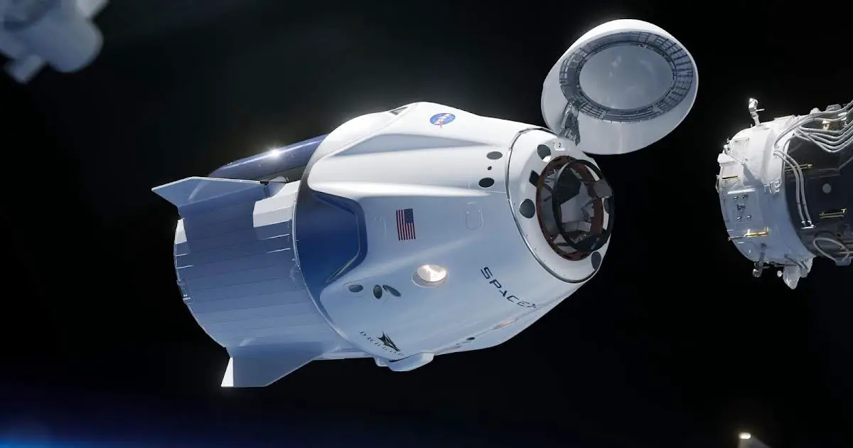 The SpaceX Crew Dragon spacecraft docking with the International Space Station, marking a significant milestone in the company's history.