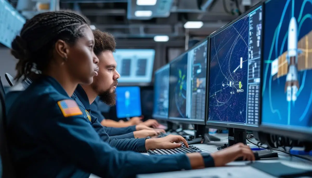 SpaceX engineers of diverse backgrounds working intensely in a control room, analyzing data on multiple screens showing satellite trajectories and engine diagnostics