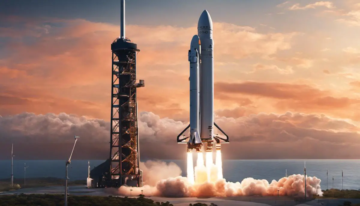 Illustration of SpaceX Falcon Heavy Rocket launching into space
