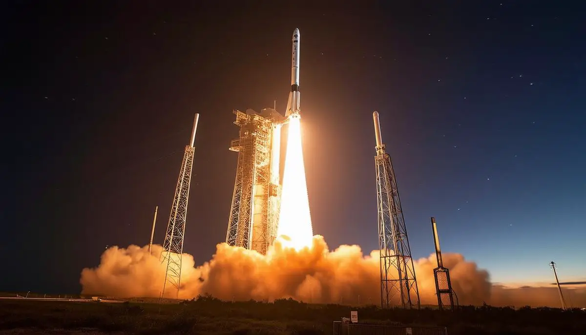 A SpaceX Falcon 9 rocket lifting off at night, with the rocket's flames illuminating the launch pad and surrounding area