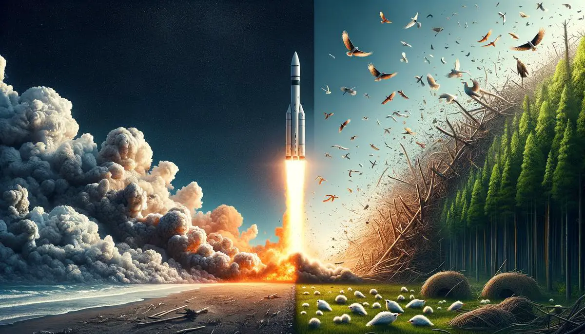 A split image showing a SpaceX rocket launch on one side and its environmental impact on a wildlife refuge on the other