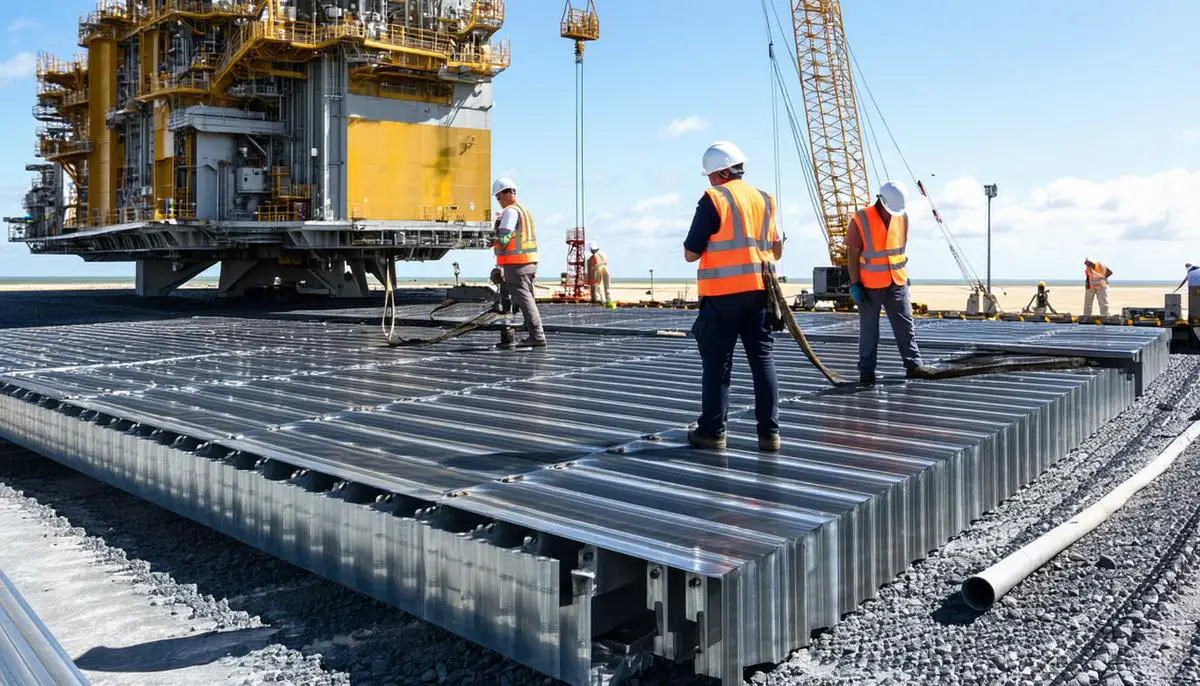 Engineers working on installing a water-cooled steel plate and flame trenches at SpaceX Boca Chica launch pad