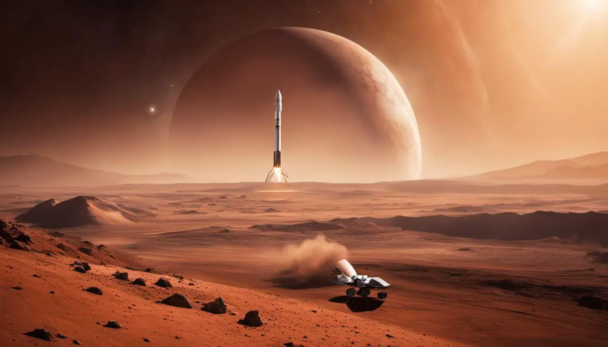 An image of SpaceX's Mars mission depicting the company's spacecraft and the planet Mars in the background