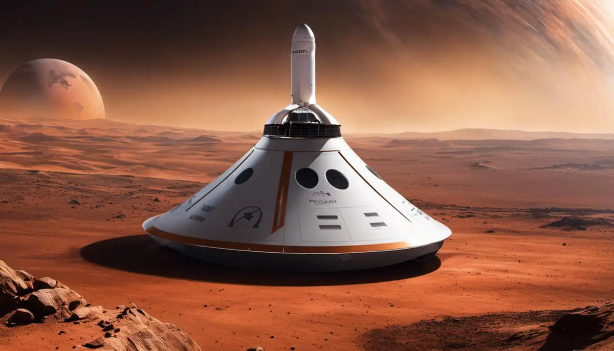An image depicting SpaceX's goal of reaching Mars, highlighting the Mars landscape, a Starship spacecraft, and the SpaceX logo.