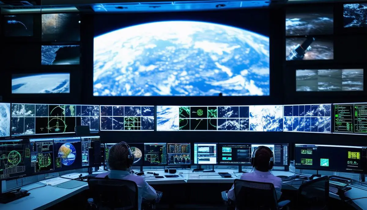 SpaceX mission control room during a live mission, with screens displaying telemetry data and video feeds from space