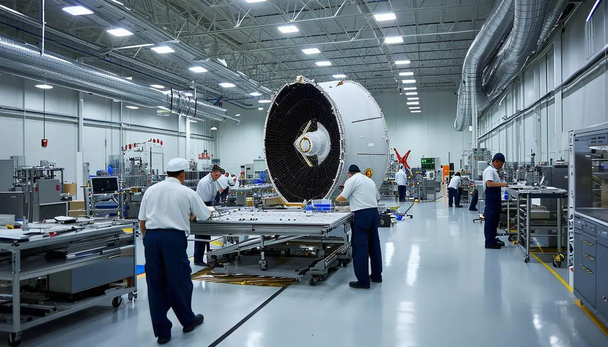 Interior of a SpaceX satellite manufacturing facility with workers assembling Starlink satellites