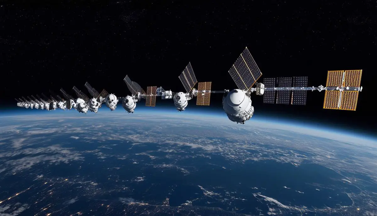 A string of SpaceX Starlink satellites orbiting Earth, represented as bright dots against the dark background of space, highlighting the challenges and controversies surrounding the project.