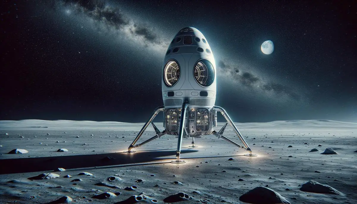 An artist's concept of the SpaceX Starship configured as a lunar lander, standing on the surface of the Moon. The image showcases the Starship's sleek design adapted for lunar missions, with its large windows and landing legs. The lunar landscape in the background adds to the sense of excitement and possibility for future Moon missions.