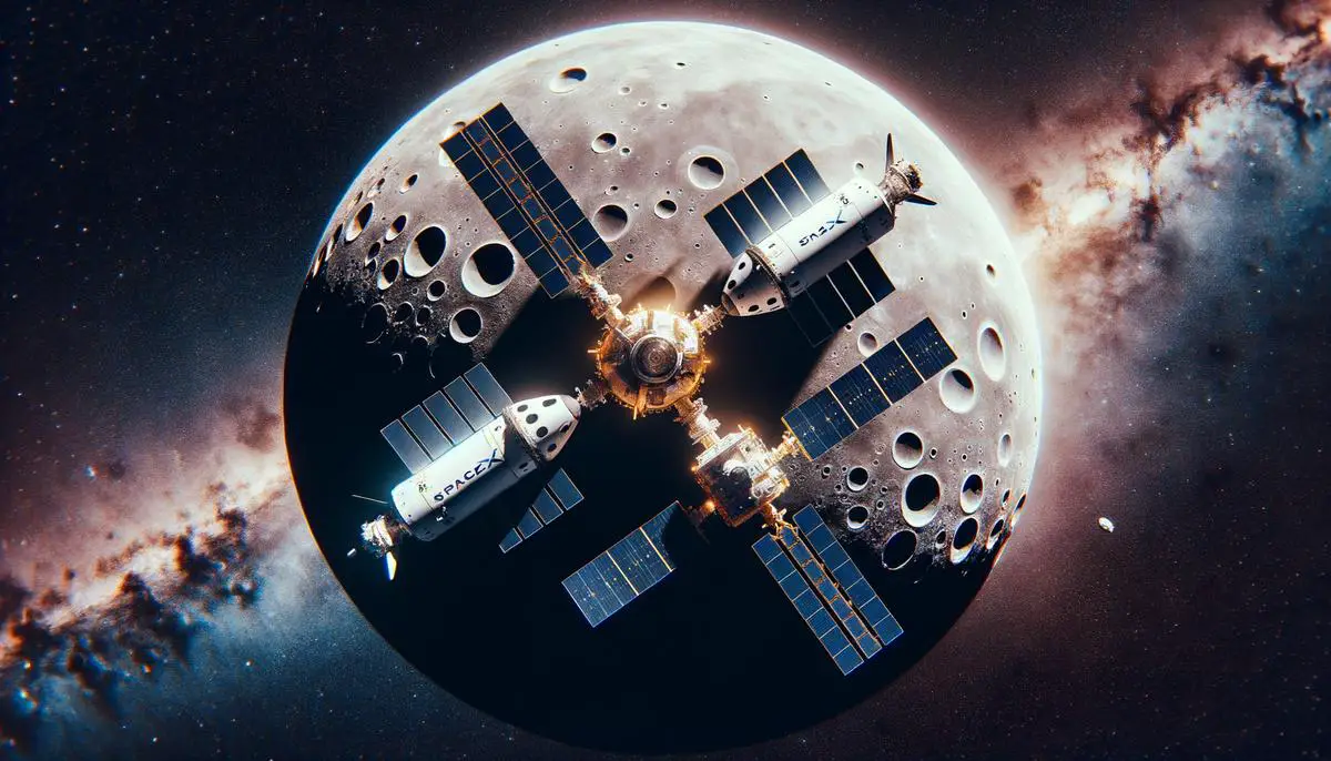 An artist's rendering of the SpaceX Starship and NASA Orion spacecraft docking in lunar orbit. The image should convey the precision and importance of this maneuver for the success of future crewed missions to the moon.