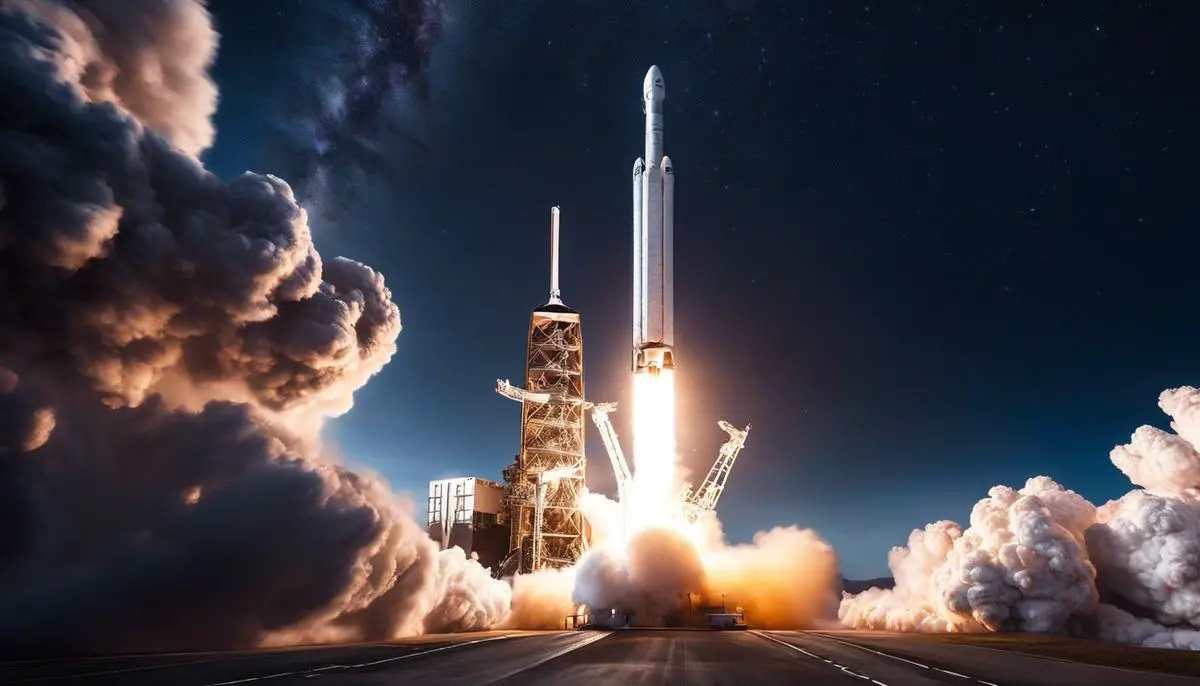 An image depicting the success of SpaceX, showcasing a rocket launching into space with a backdrop of stars.
