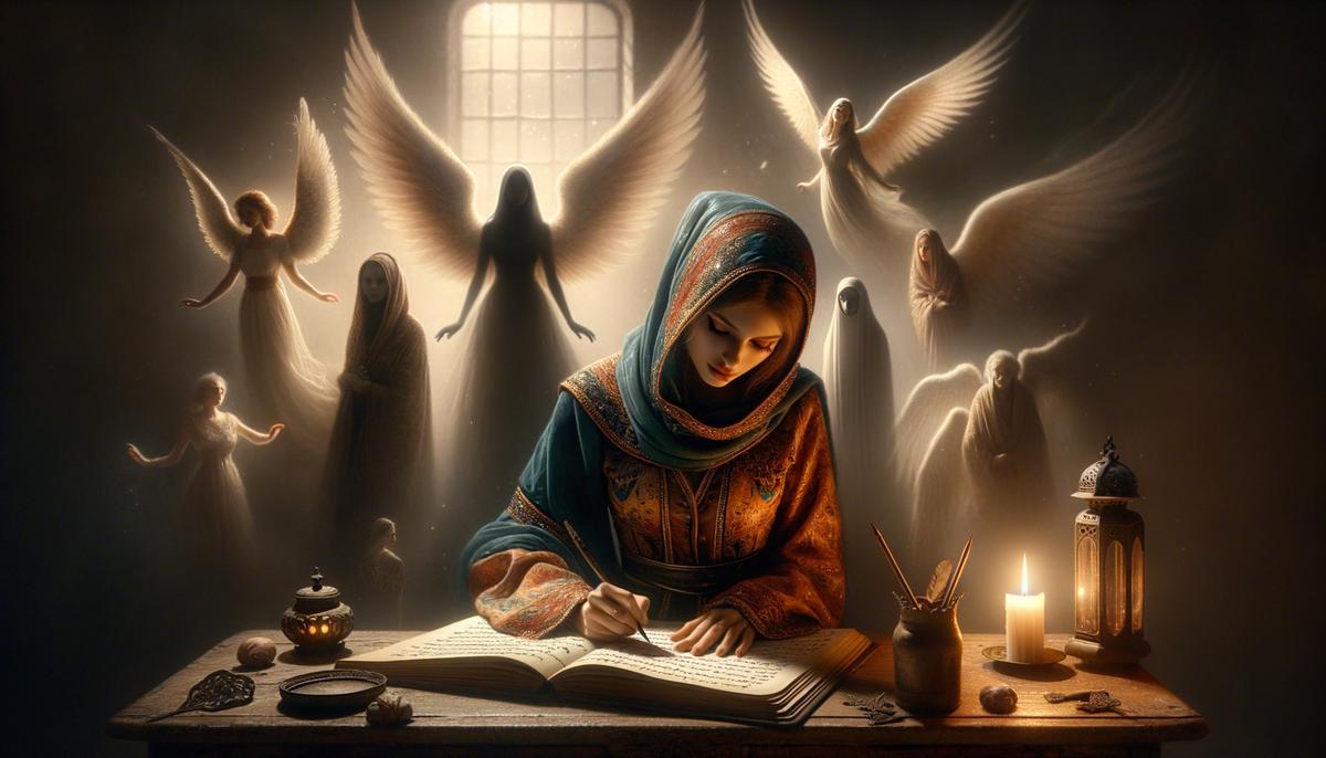 A person journaling by candlelight with ethereal spirit guide figures subtly visible in the background