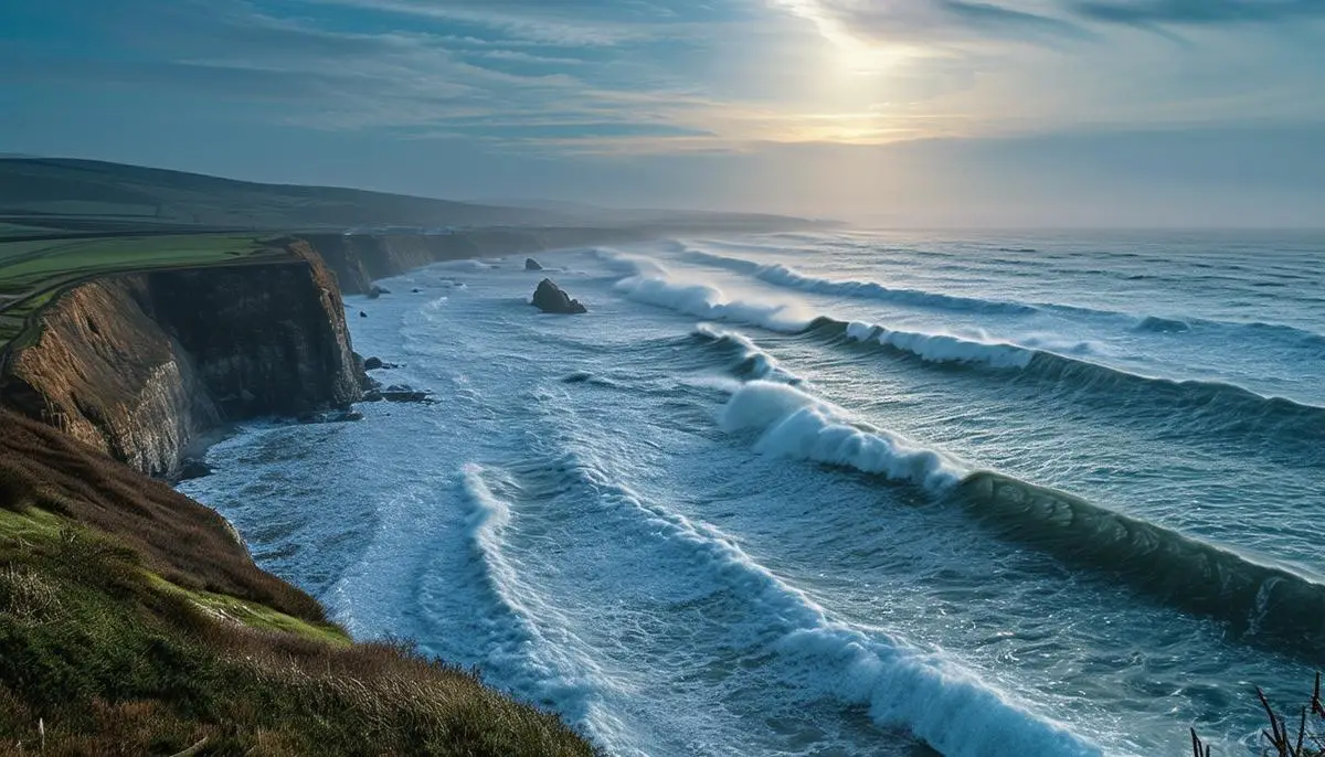 An coastal landscape during a spring tide, showcasing an exceptionally high tide and the dramatic interplay between land and sea under the gravitational influence of the Moon and Sun.