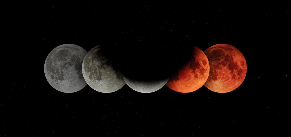 A composite image showing the stages of a total lunar eclipse, from full moon to blood moon