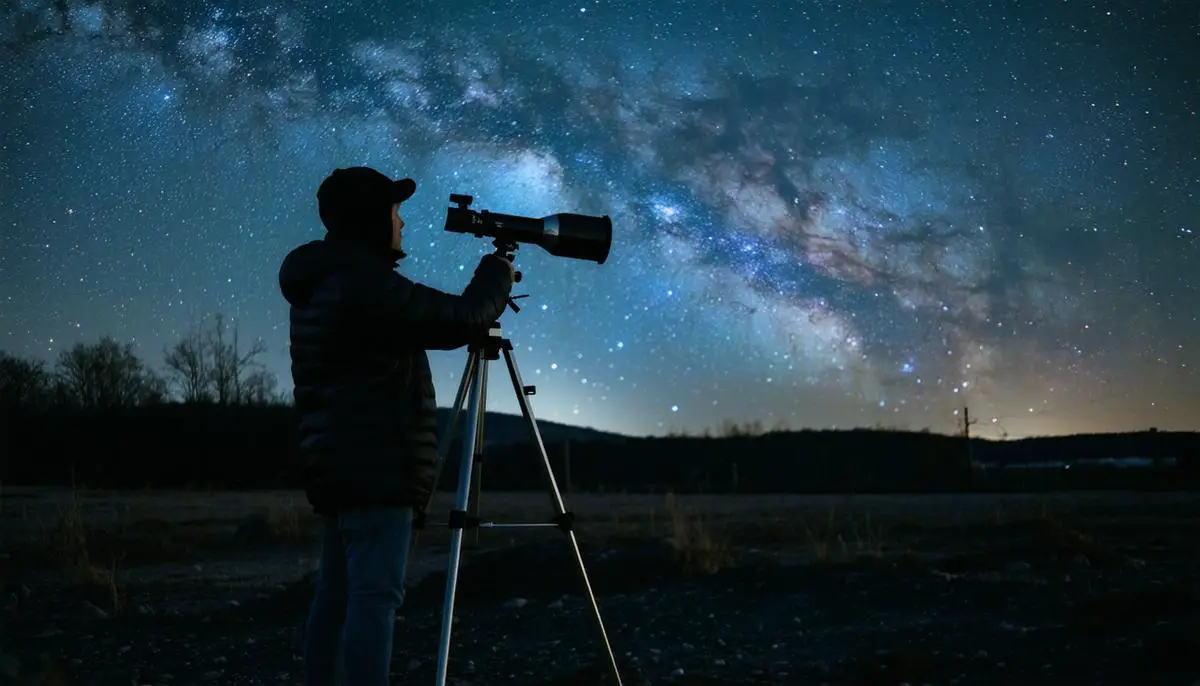 A person using a telescope to observe the Cygnus constellation in a dark night sky