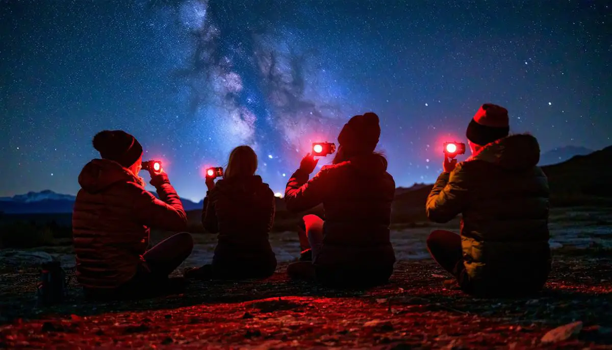 A group of people stargazing during the Taurid meteor shower, using red flashlights and dressed warmly