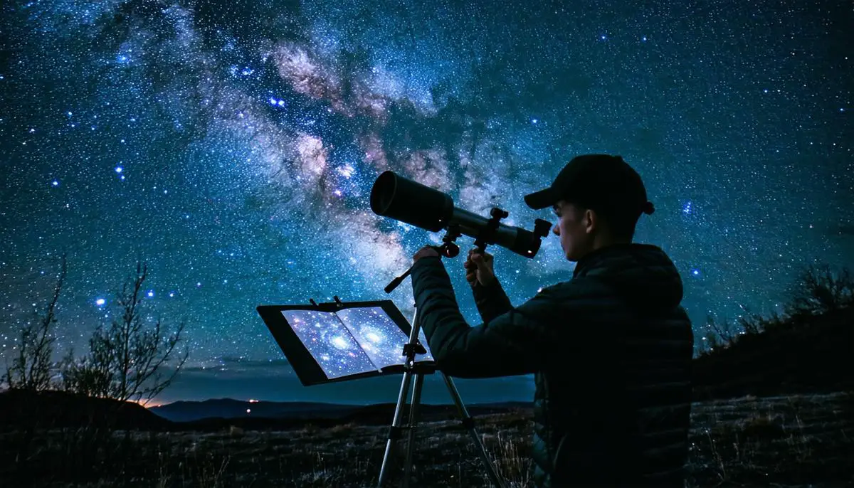 A person using a telescope and star map under a clear, dark night sky