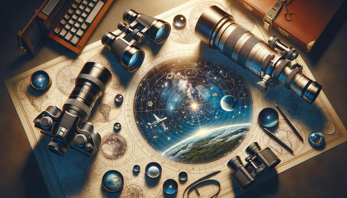 Various stargazing gear essentials like star chart, telescope, binoculars, and camera lens