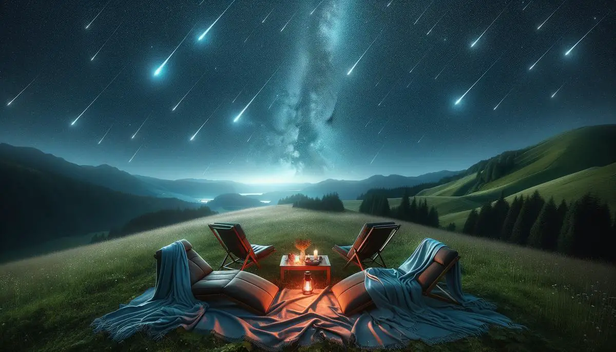 A cozy stargazing setup with blankets and reclining chairs under a star-filled sky with Perseid meteors