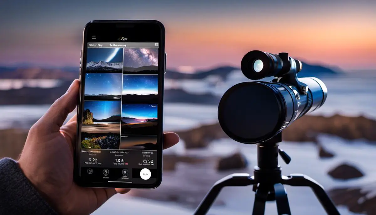 Image of telescopes, binoculars, and a smartphone with a stargazing app.