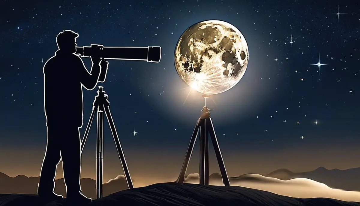 A person looking through a telescope at the night sky with stars and a moon visible above them.