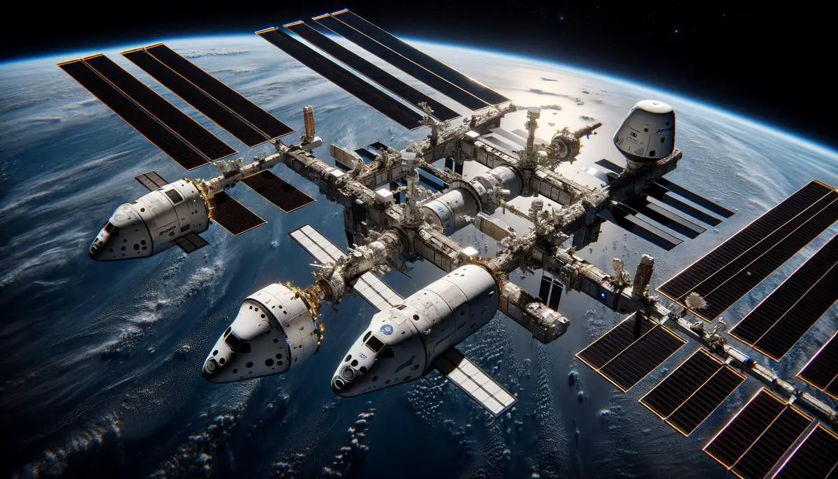 The Boeing Starliner and SpaceX Crew Dragon spacecraft docked at the International Space Station, representing the two Commercial Crew vehicles.