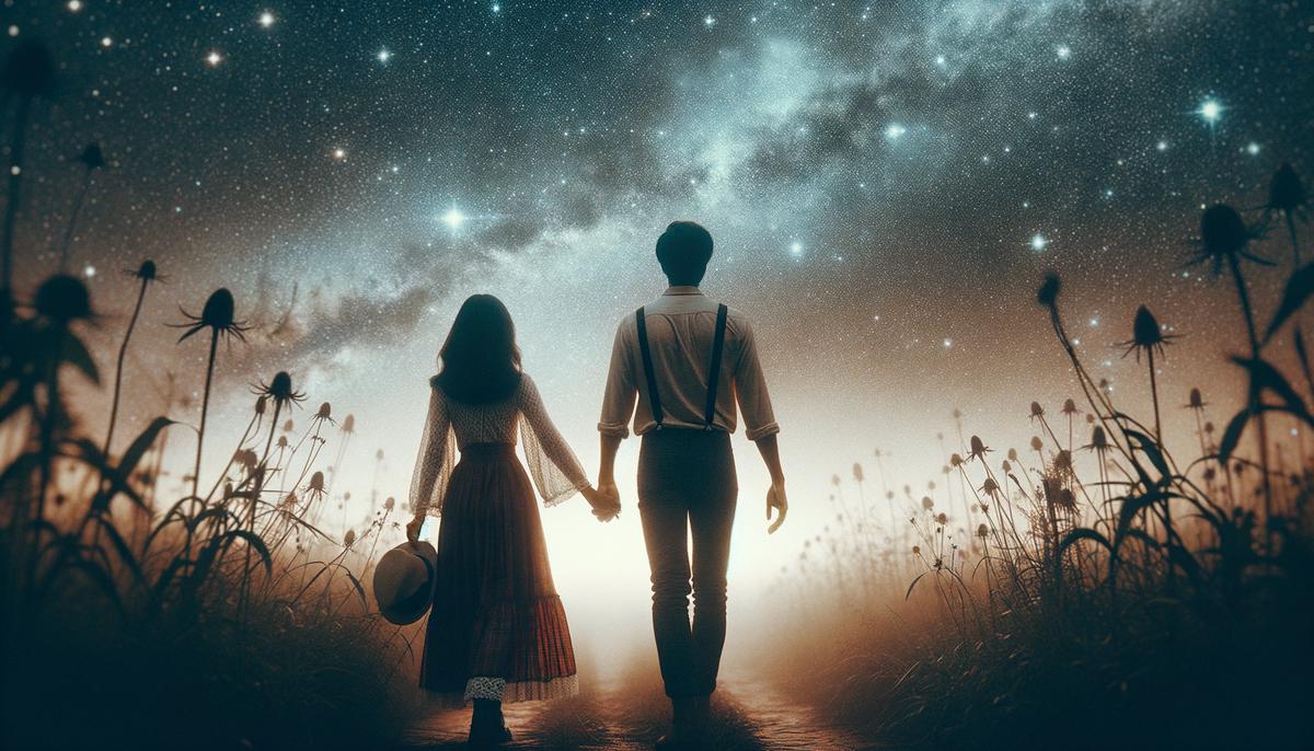 A couple holding hands and walking together under a starry sky