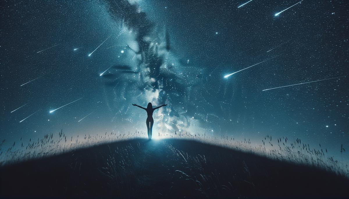 A person standing on a hill, arms outstretched under a starry night sky