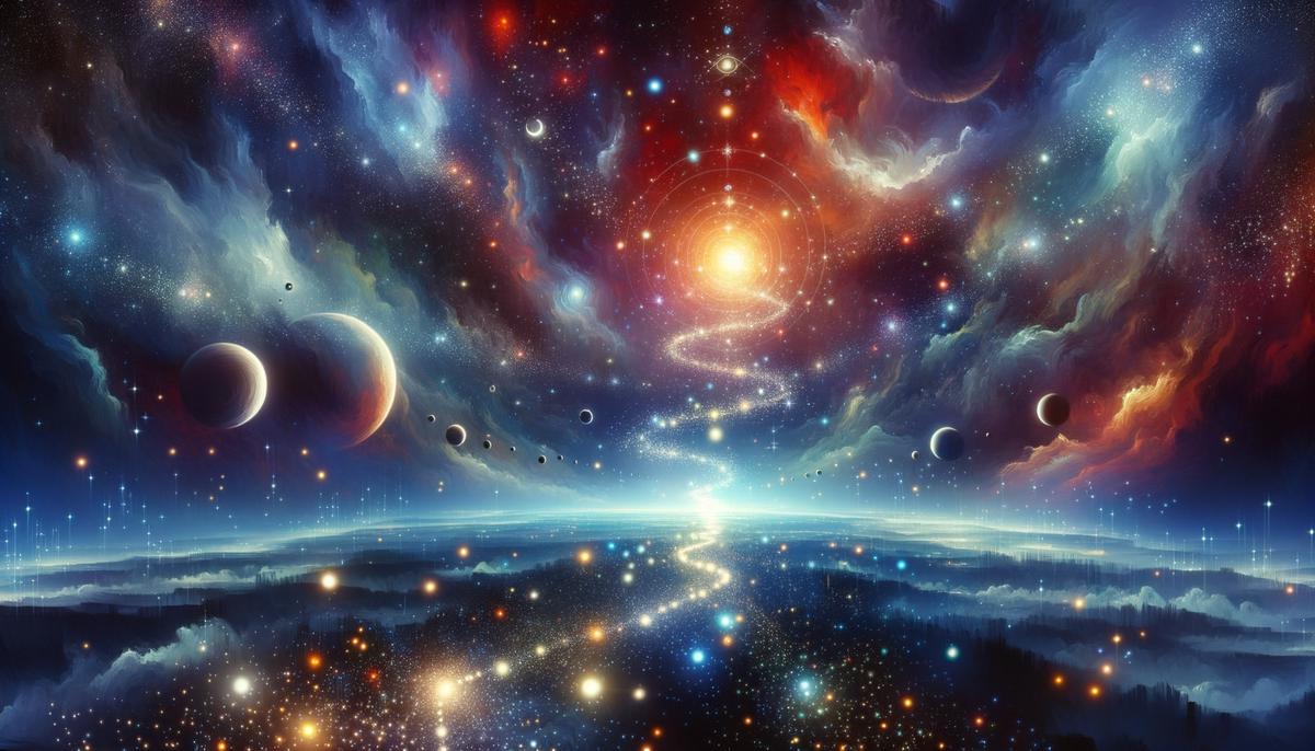 A glowing path winding through a starry cosmic landscape