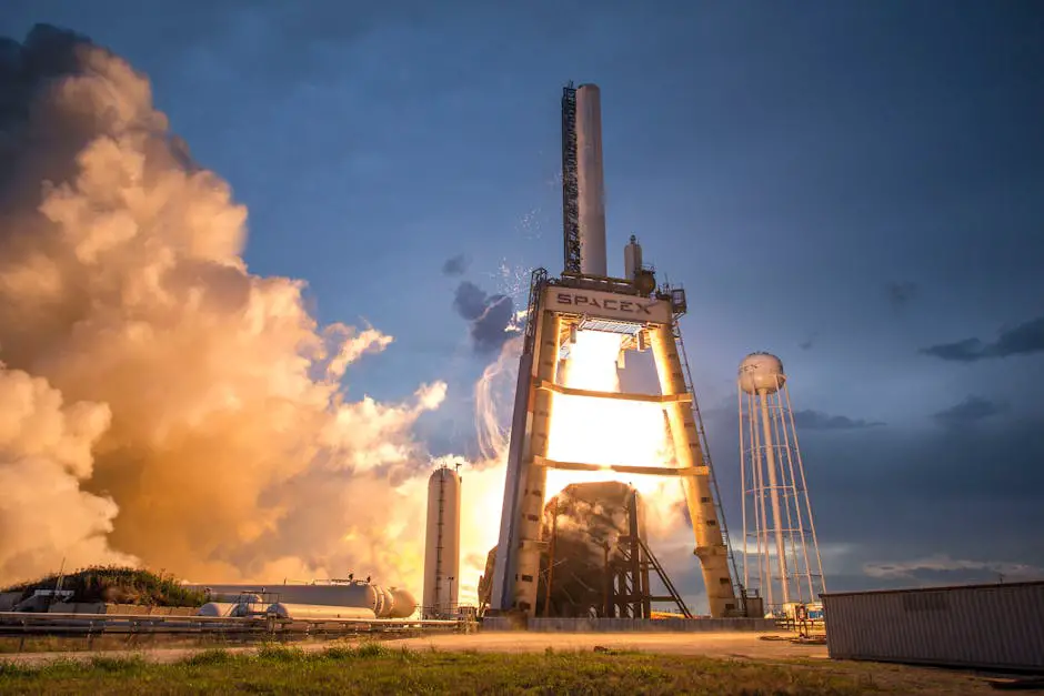 SpaceX Starship launching from a launchpad with flames and smoke