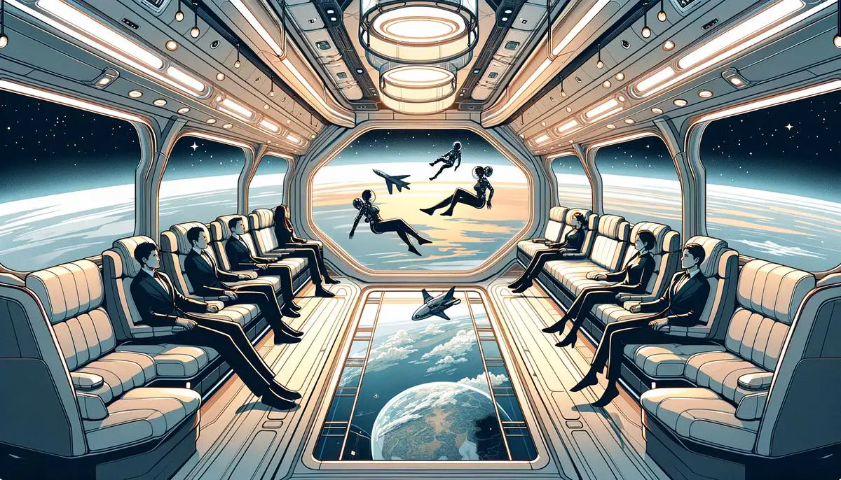 SpaceX Starship configured for space tourism, with passengers enjoying views of Earth