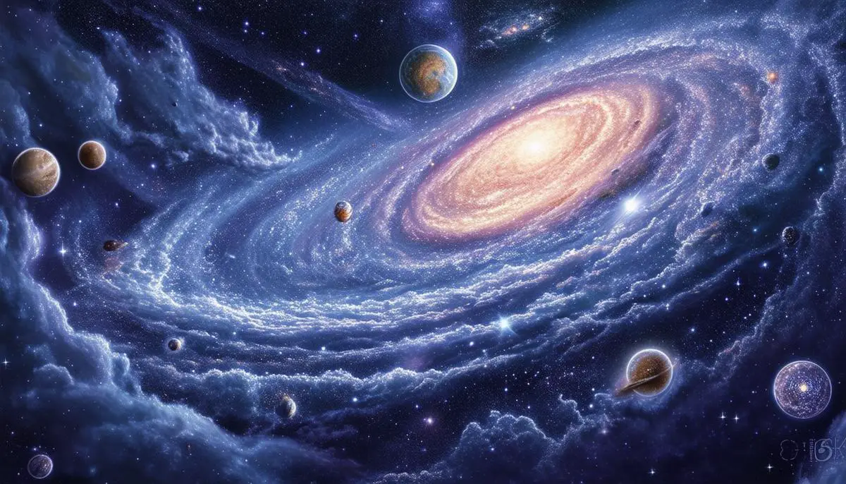 A conceptual illustration depicting the theory of a static universe, featuring a cosmic landscape frozen in time, with galaxies and celestial bodies remaining stationary, challenging the widely accepted principle of cosmic expansion.