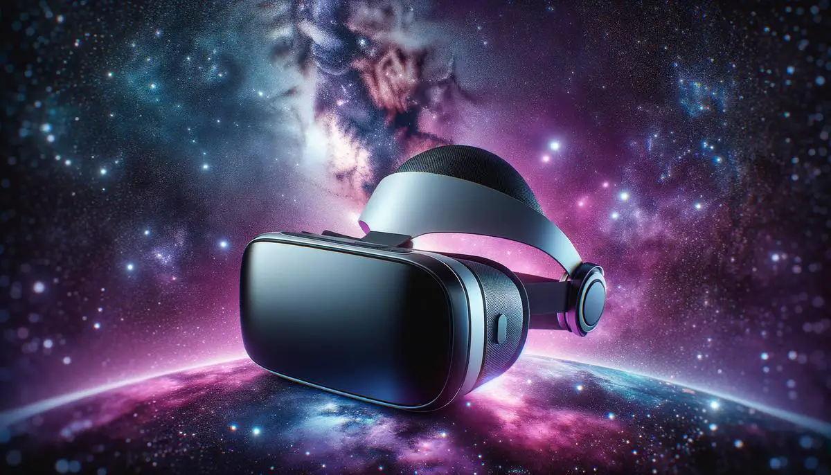 Image of a virtual reality headset with a galaxy background