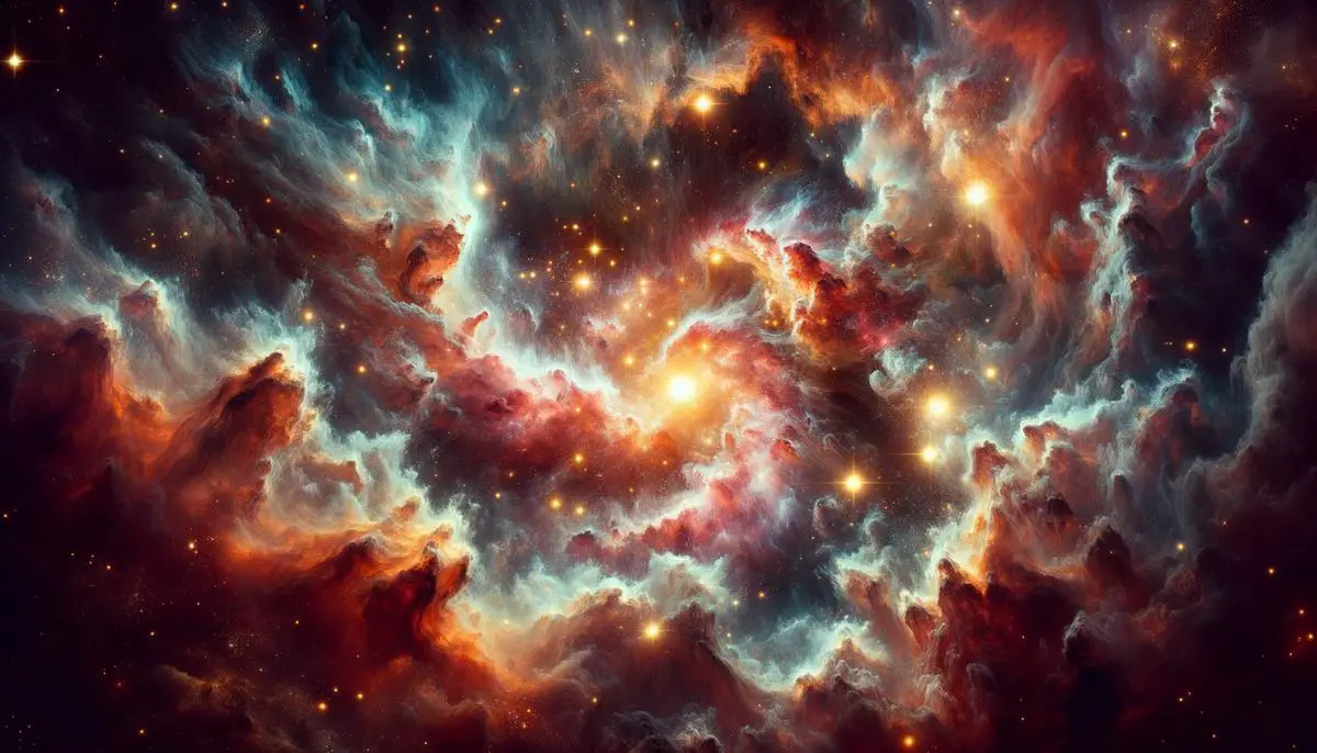 A dense, turbulent stellar nursery with gas and dust swirling around forming stars