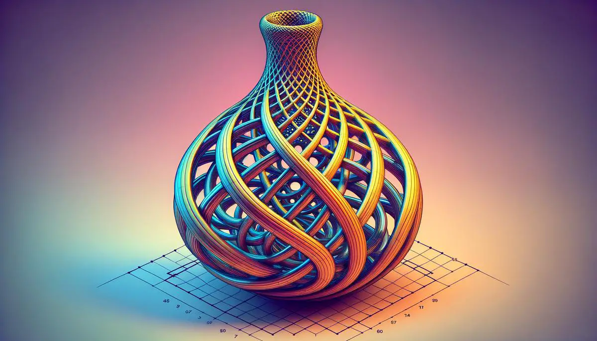 A stereographic projection of a Klein bottle, showing its complex structure and self-intersecting surface in three-dimensional space