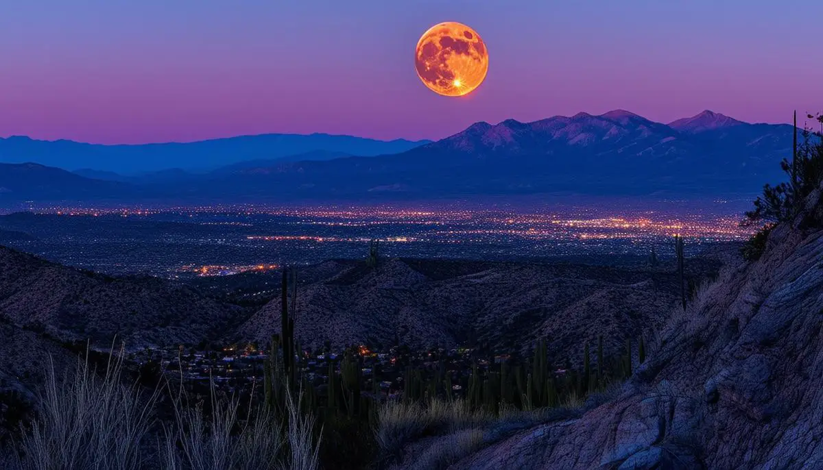 The Strawberry Moon rising over the Sandia Mountains near Albuquerque, with the city lights visible in the valley below