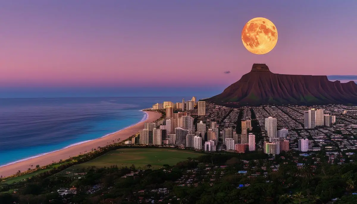 The Strawberry Moon rising over Diamond Head crater in Honolulu, with Waikiki Beach visible in the foreground