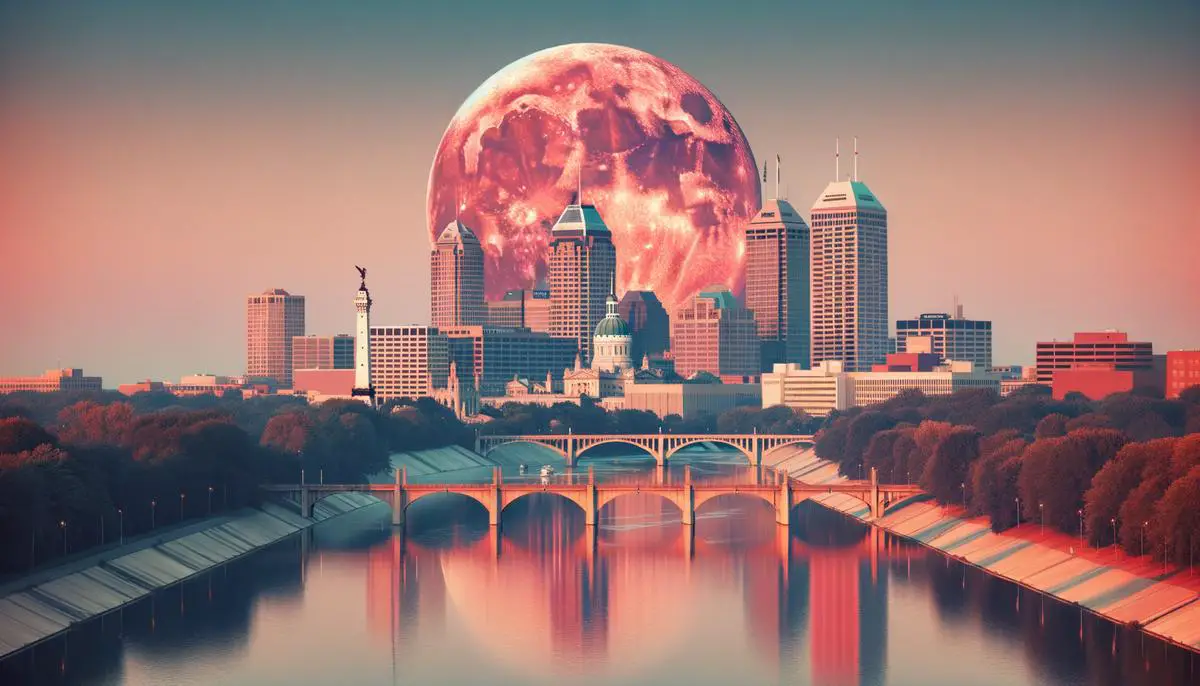 The Strawberry Moon rising over the Indianapolis skyline, reflected in the White River with the city's monuments visible