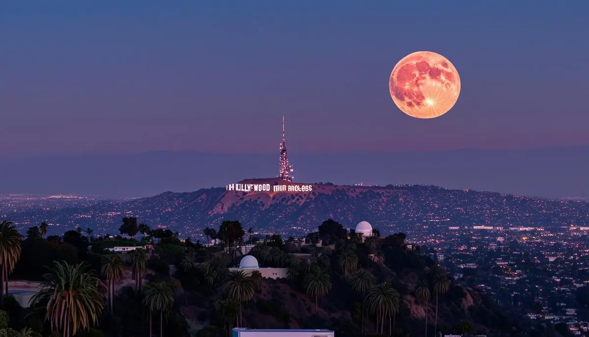 The Strawberry Moon rising over the Los Angeles cityscape, with the moon visible above the Griffith Observatory and the Hollywood sign in the distance