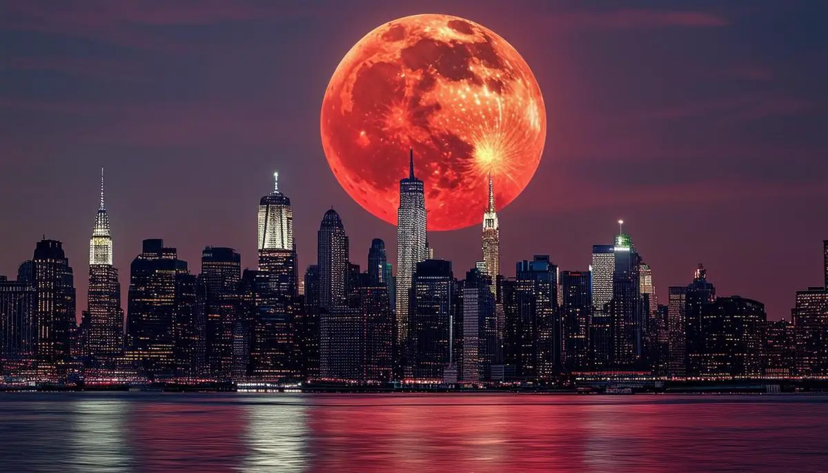 The Strawberry Moon rising over Manhattan's iconic skyline, with the moon appearing large and slightly reddish against the illuminated skyscrapers