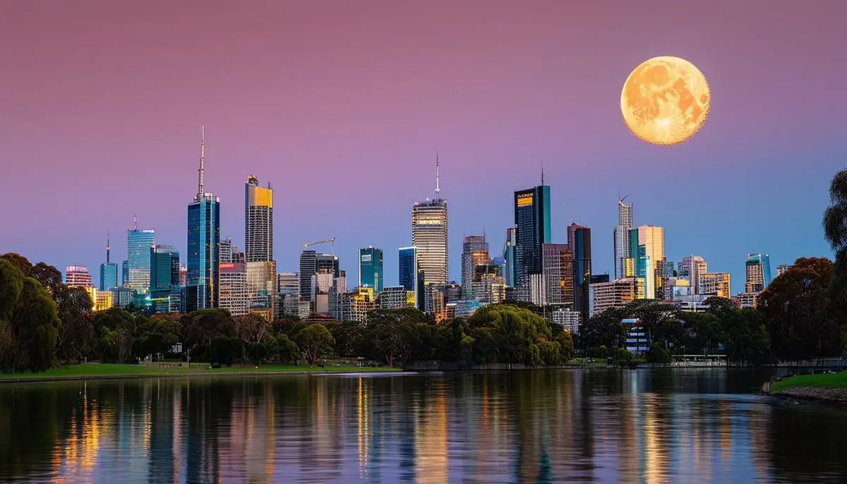 The Strawberry Moon rising over Melbourne's skyline, reflected in the Yarra River with the Royal Botanic Gardens visible in the foreground