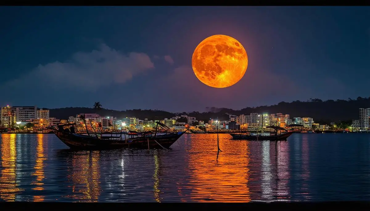 The Strawberry Moon rising over Port Moresby's harbor, with traditional Papuan boats in the foreground and the city lights in the background